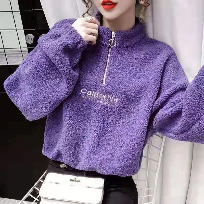 

Autumn Winter Fashion Ins Hoodies Women Letter Embroidery Stand Collar Half Zipper Design Sweatshirt Female Fleece Warm Tops