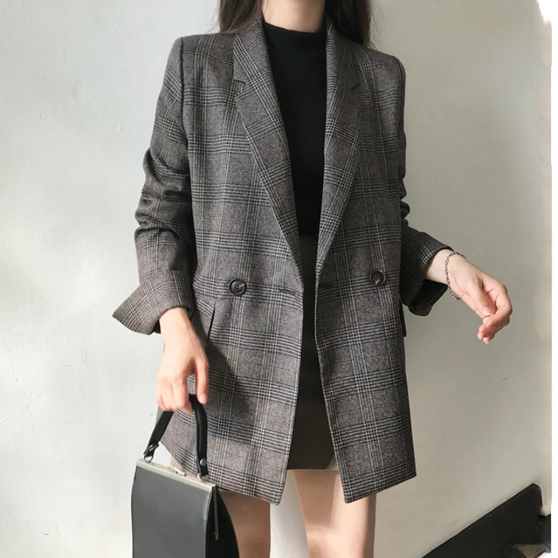 2019 New Autumn Women Jacket Double-row two-grain plaid suit jacket outwear casual turn down collar office blazer CA3463 | Женская