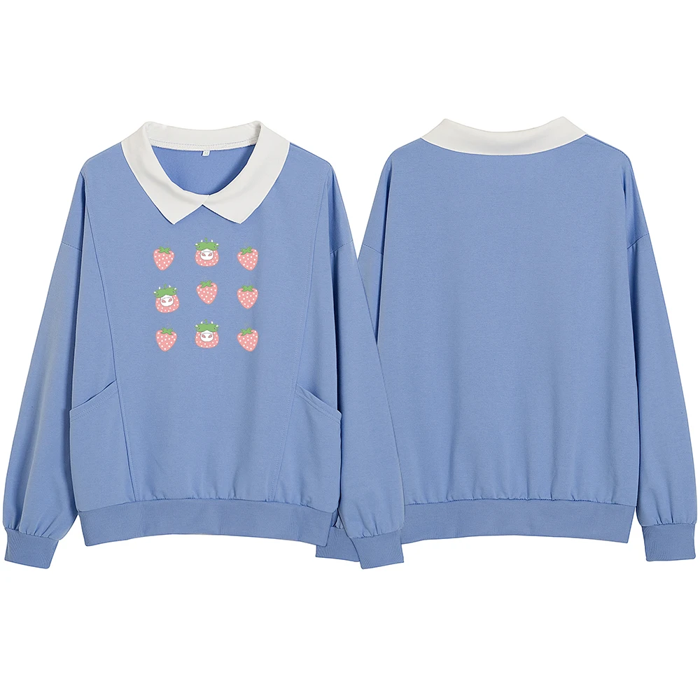 Pink Strawberry Sweatshirt 90's Aesthetic Tops Turn-down Collar Hoodies Women Cute for Friends Loose Pocket Korean Sweetshirts