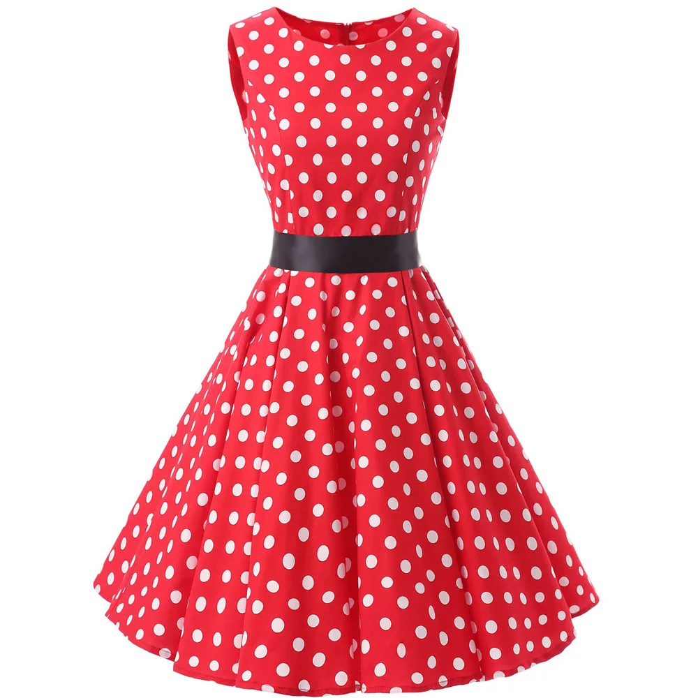 

2022 New Pretty Red Dress Women Clothing Sleeveless Polka Dot Retro Casual Rockabilly Vintage Dresses VD0140
