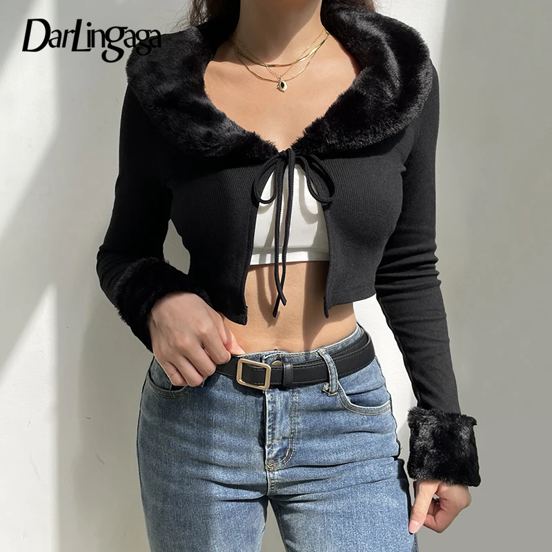

Darlingaga Faux Fur Collar Patchwork Shaggy Black T-shirts Women Cardigan Lace Up Sexy Cropped Tops Black Knit Fashion Shirt Tee