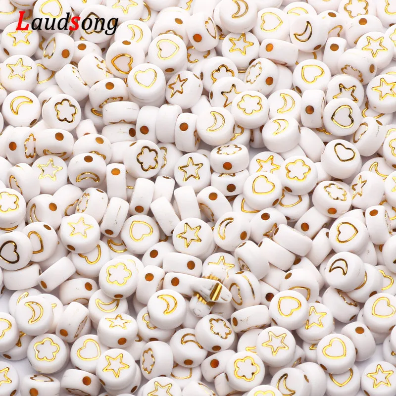 Оптовая продажа круглые плоские акриловые бусины 7 мм белого и золотого цвета