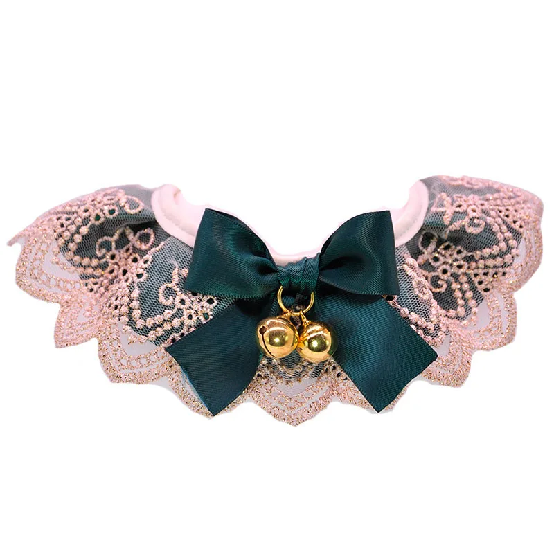 

Bell Cat Collar Pets jewelry Cat Dog Lace Bibs New Handmade Dark green temperamen Bows Tie Puppy Grooming Accessories