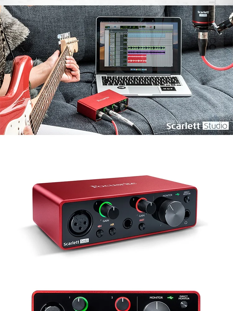 Focusrite Scarlett Solo Studio 3rd Gen записывающая звуковая карта пакет 2 входа/2 выхода USB аудио интерфейс с конденсатором микрофон и наушники