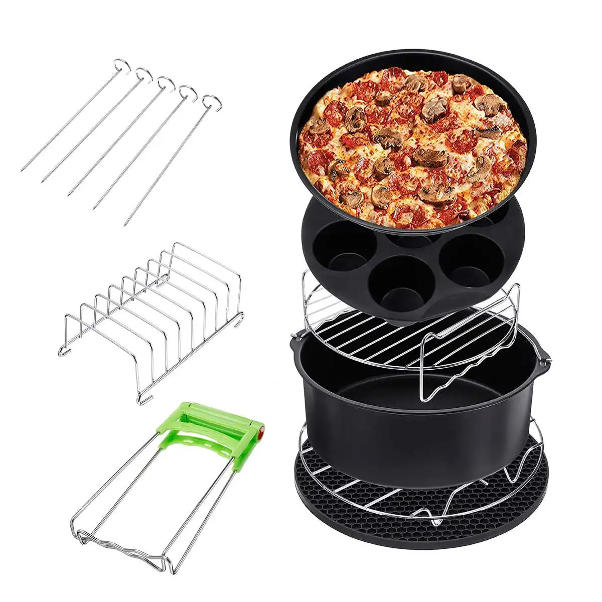 

13Pcs Air Fryer Accessories 9 Inch Fit for Airfryer 5.2-6.8QT Baking Basket Pizza Plate Grill Pot Kitchen Cooking Tool for Party