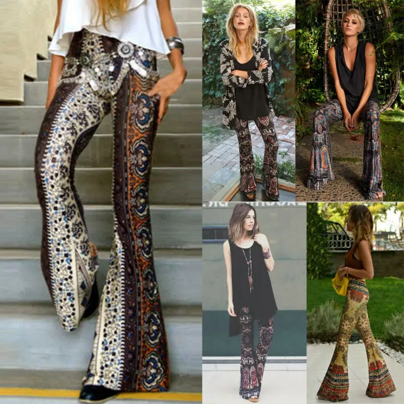 Women's Boho Hippie High Waist Printed Wide Leg Long Flared Bell Bottom Pants | Женская одежда