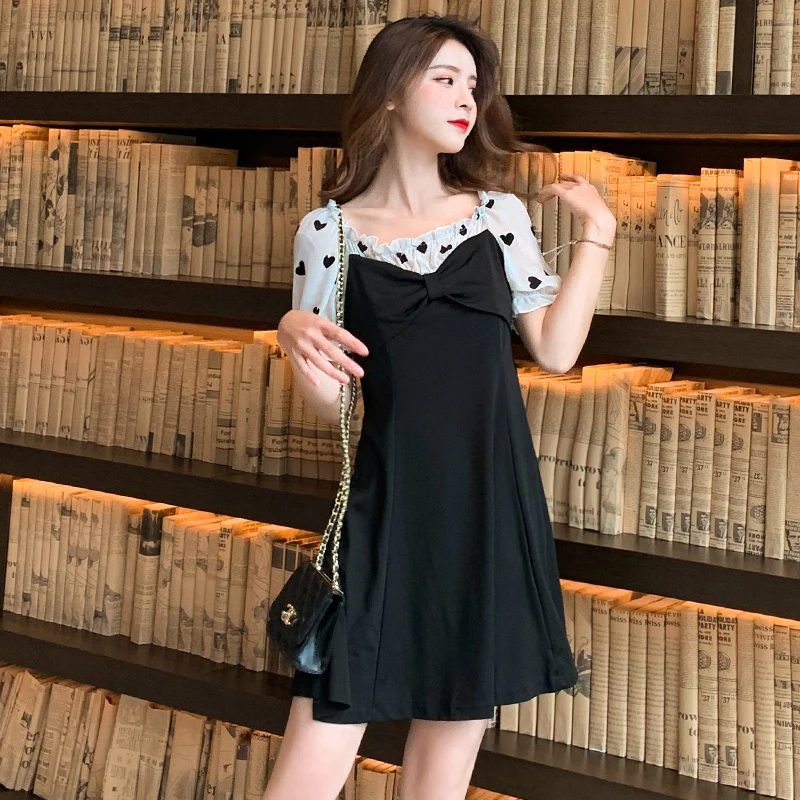 COIGARSAM Women dress Polka Dot Patchwork Every Child Should Have A Little Fairy French Niche Dresses Black 005 | Женская одежда