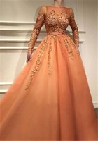modest orange long sleeve prom dresses 2022 3d appliques a line sheer neck floor length evening gowns formal vestidos custom mad