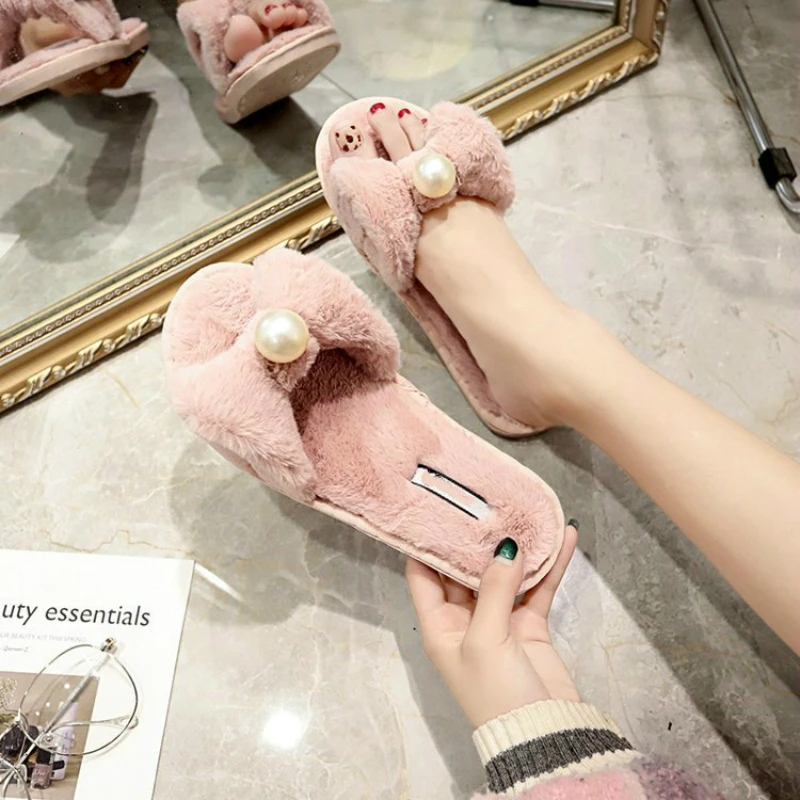 Зимние женские меховые тапочки без шнуровки роскошные теплые туфли нескользящая