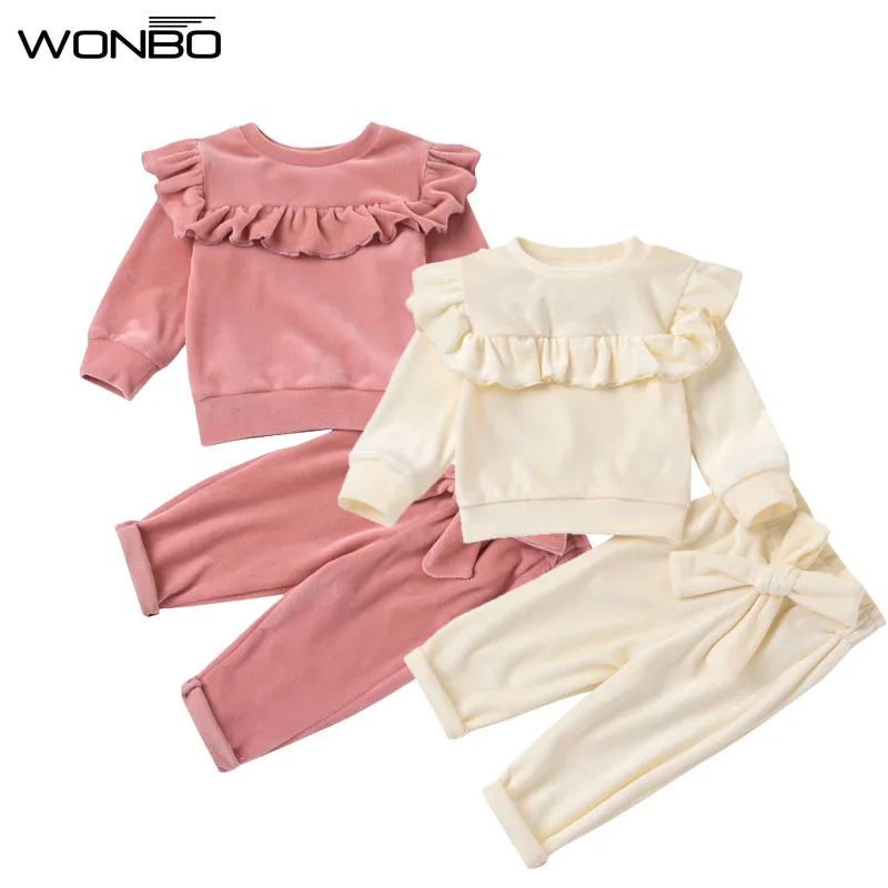 

Spring Warm Toddler Baby Girls Smooth Velvet Outfits Sets Round Neck Ruffle Trim Top Elastic Waist Bowknot Pant 2pcs Kid Clothes