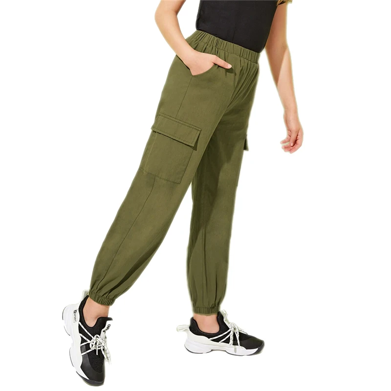 SHEIN Kiddie/повседневные штаны-карго с карманами в армейском и зеленом цвете для девочек детские длинные брюки с эластичной резинкой на талии на осень года, Chldren