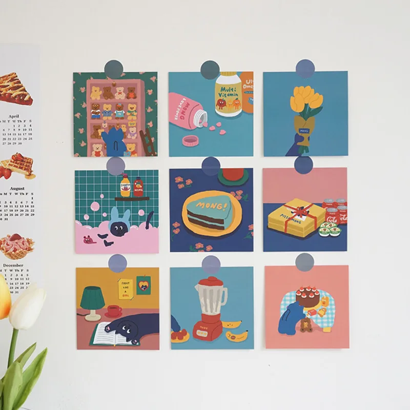 

9Pcs/Set Korea Hot Cute Cat Card Cartoon Bedroom Wall Decoration Girl Kawaii Non-sticky Hand Made Postcard Stationery Gift