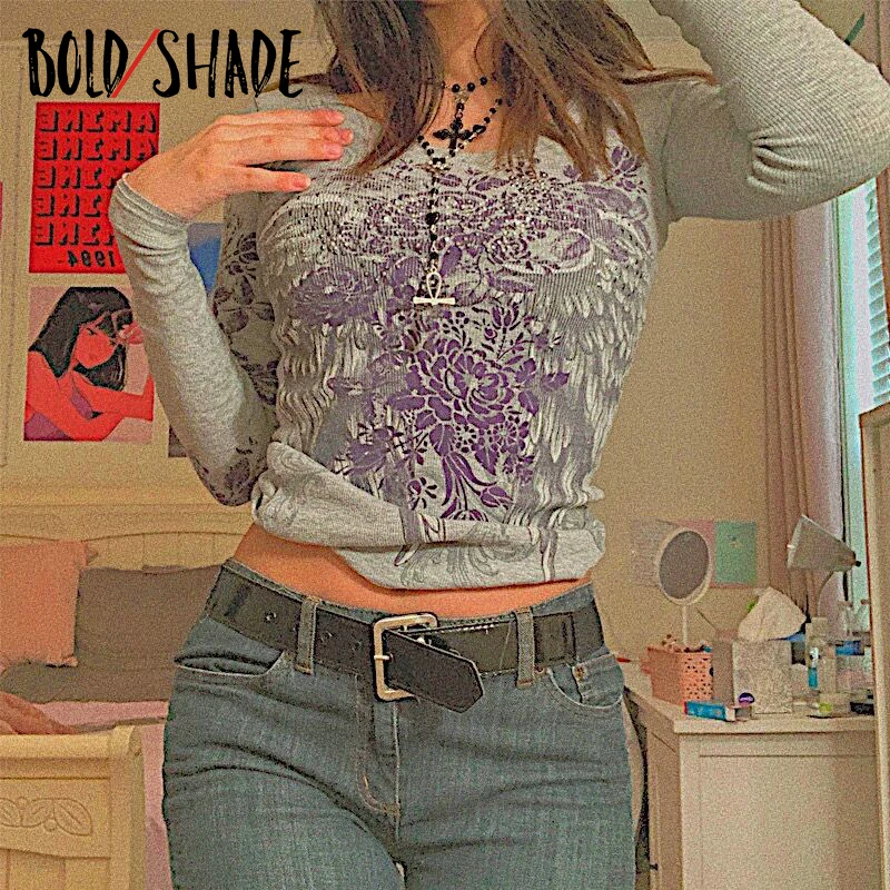 

Bold Shade 90s Aesthetic Floral Rhinestone Tees Long Sleeve Y2K Indie Fashion Ribbed Women Top Basic Round Neck Vintage T-shirts
