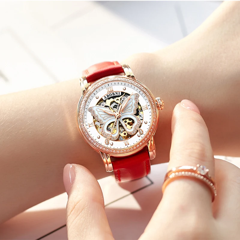 ABORNI автоматические часы кожаный ремешок чехол Vogue платье Скелет прозрачные для