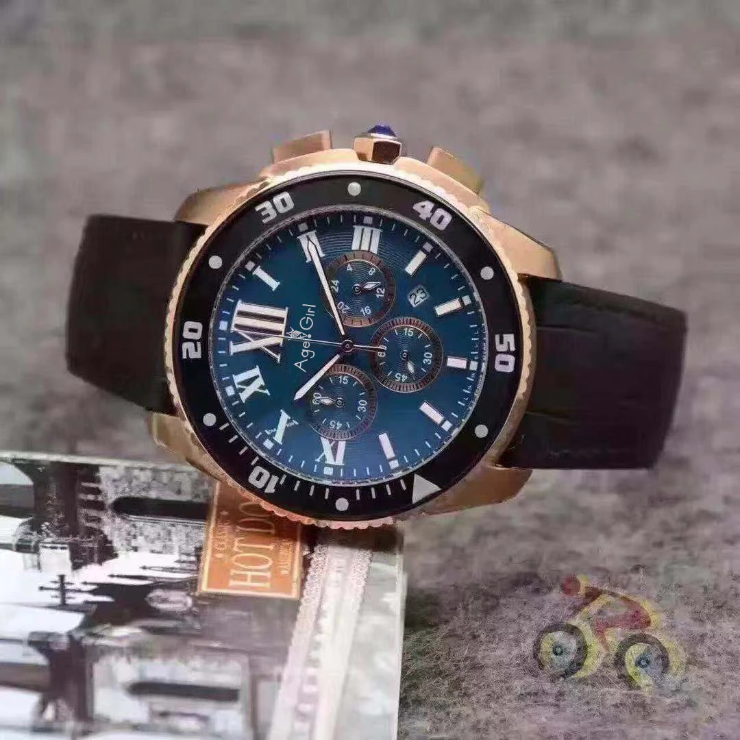 

Luxury New Men Watch Chronograph Stopwatch Stainless Steel Sapphire Ceramic BLue Rose Gold Black Leather Watch Calendar