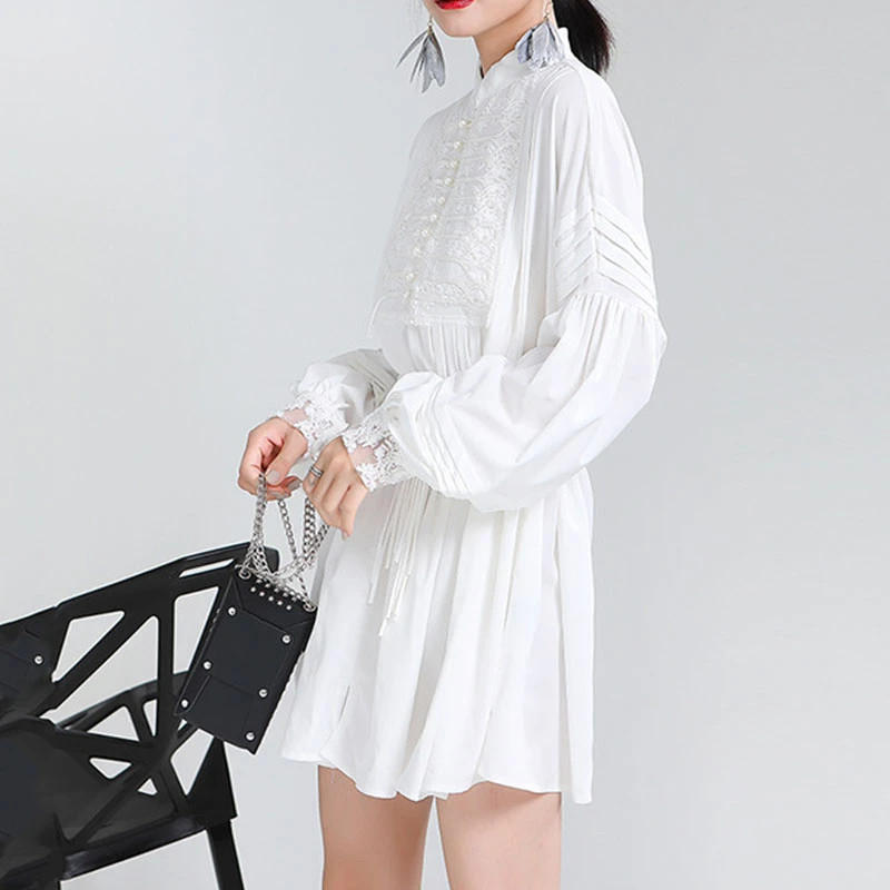 

SeeBeautiful Large Size Dress stand collar lantern Sleeve button Simple Woman Spring 2021 New Fashion Tide T702