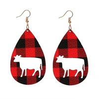 cute animal pig cross cutout hollow cow tag pu leather teardrop dangle drop earrings for women western red plaid print jewelry