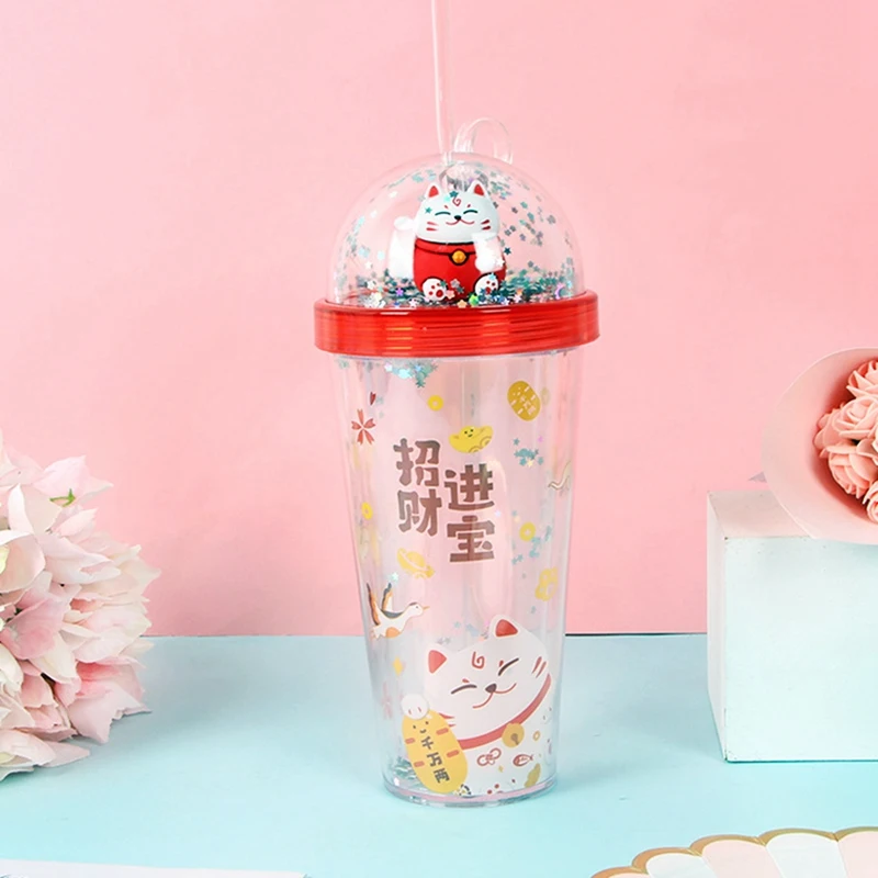380 мл двойная летняя чашка для льда счастливая кошка пластиковая мультяшная воды