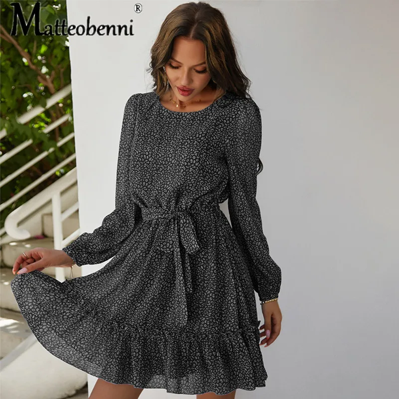 

Women Floral Print Puff Sleeve O-Neck Dress Spring Summer New Casual Loose Lace Up Sashes Ruffles Decor Mini Chiffon Vestidos