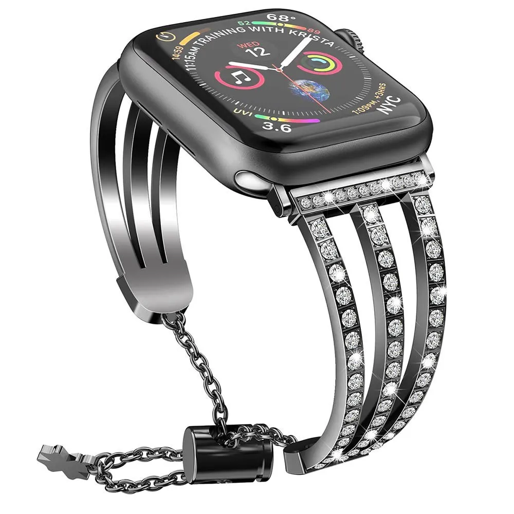 

Three-row Diamonds Adjustment Chain Metal Alloy Stainless Steel Strap Watchband Replacement Smart Watch Accessory