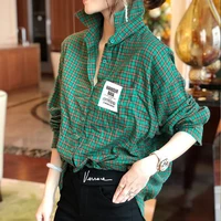 2020 Spring Autumn Korea Fashion Women Long Sleeve Plaid Shirts All-matched Casual Turn-down Collar Loose Green Blouses S696