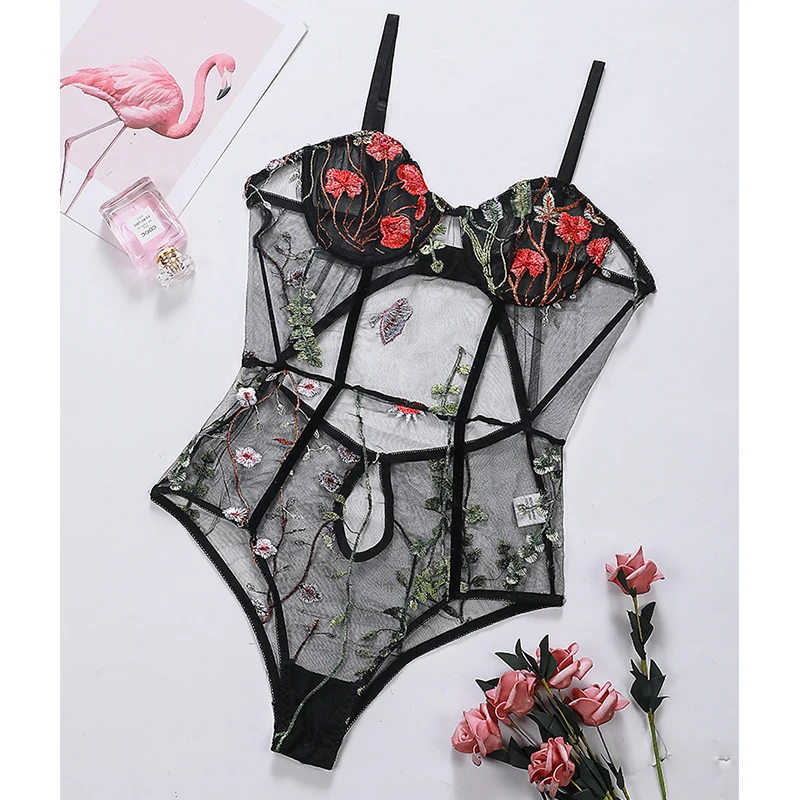 

women's sexy Perspective Teddy bodysuit lingerie lace mesh see-through underwire gather bra embroidery one-piece pajamas