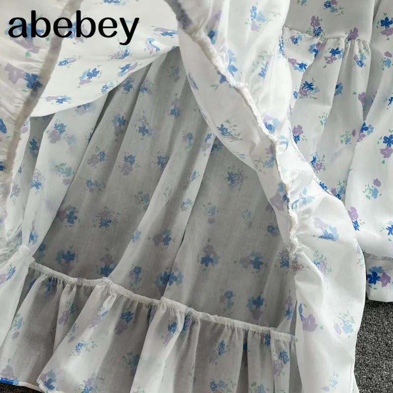 

Design Print Dress Women Elegant Sweet Puff Sleeve O Neck A-line Dress Spring Bohemian Vacation Split Midi Dress