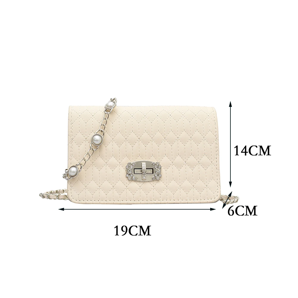 

Vintage Geometric Embroidery Shoulder Crossbody Bags PU Leather Messenger Bags Casual Ladies Pearl Chain Solid Color Handbags