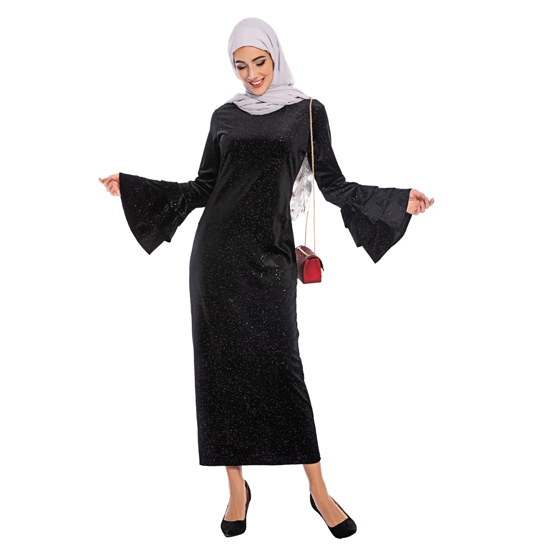 Мусульманская бархатная абайя зимнее платье макси хиджаб длинный халат платья с рукавами-фонариками кимоно Рамадан ИД Исламская молитва т...