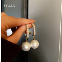 fyuan geometric zircon crystal dangle earrings for women exquisite white gray pearl earrings weddings party jewelry