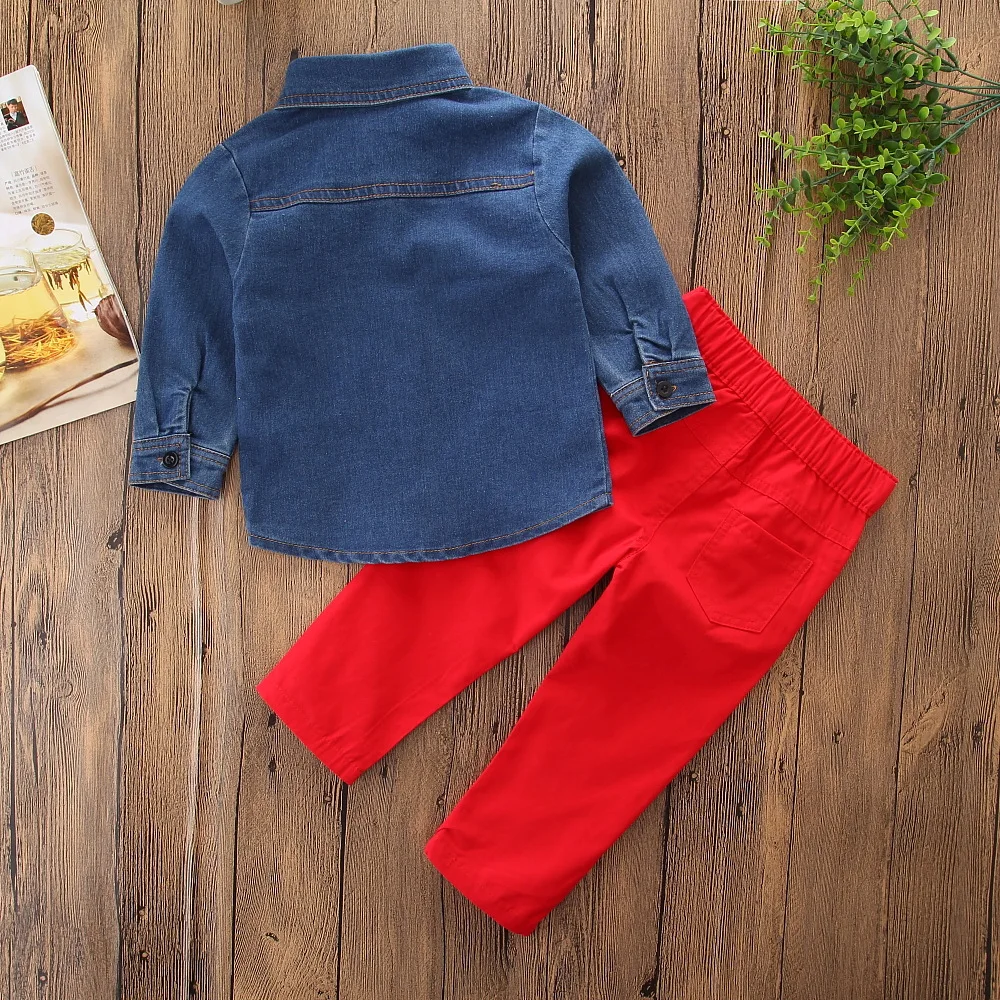 2019 new fashion baby boys clothing sets denim jacket+ red pants 2pcs outfits Handsome chlidren |