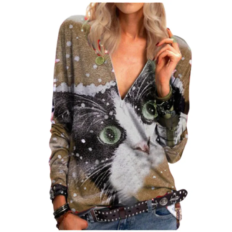 

Футболка женская с 3D-принтом милого кота, топ с V-образным вырезом, на молнии, с длинным рукавом, уличная хипстерская одежда, весна-осень