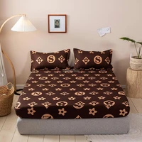 fashion brand coffee letter printed fitted sheet bed sheet with pillowcases 3pcs mattress protector cover twin queen king size