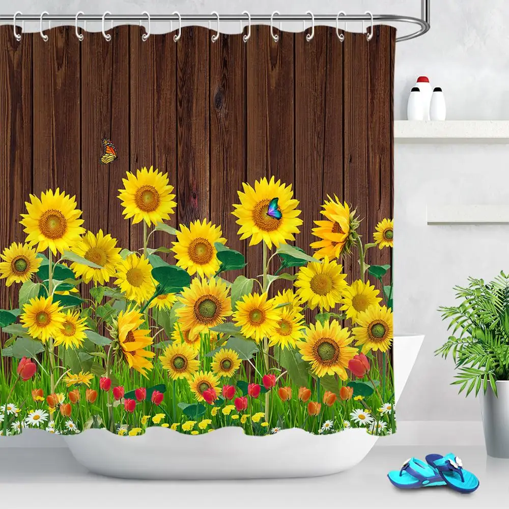 

Sunflower Butterfly Print Fabric Rustic Wood Shower Curtain Set Yellow Flower Waterproof Mildewproof Bathroom Shower Curtains