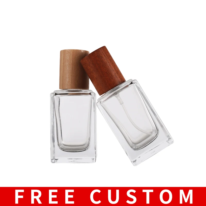 

Free Custom Logo 35ml Square Clear Glass Perfume Spray Bottle With Wooden Cap Cosmetic Container Packaging Bottle