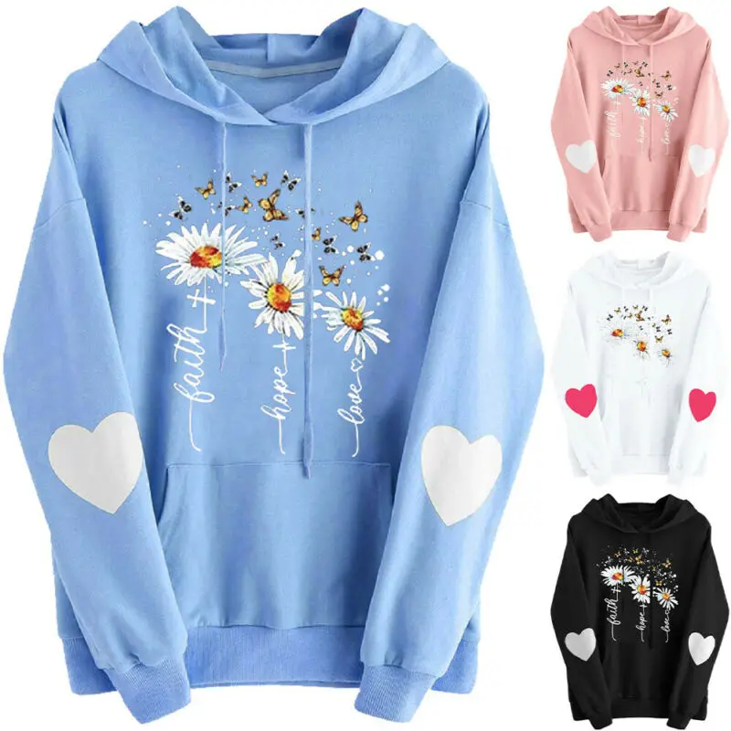 

Women Ladies Flower Print Hoodie Sweatshirt Causal Gym Work Out Jumper Top