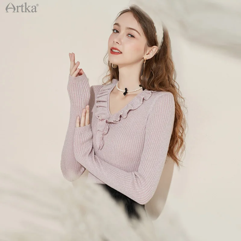 Женский шерстяной свитер с оборками ARTKA Фиолетовый Элегантный Мягкий