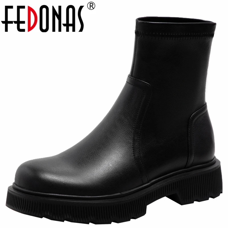 

FEDONAS 2021 Platforms Stretch Boots Women Ankle Boots Autumn Winter Genuine Leather Thick Heels Working Casual Shoes Woman New