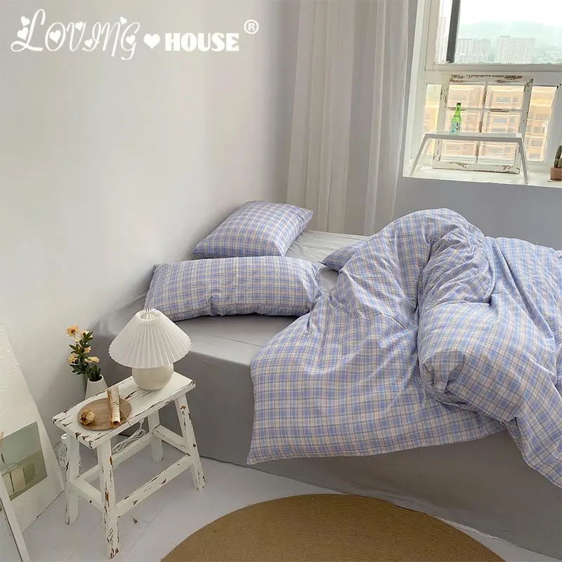

Комплект постельного белья в синюю и фиолетовую клетку, 100% хлопок, размер King Size, нежный, милый, украшение для комнаты девочки, пододеяльник, простыня