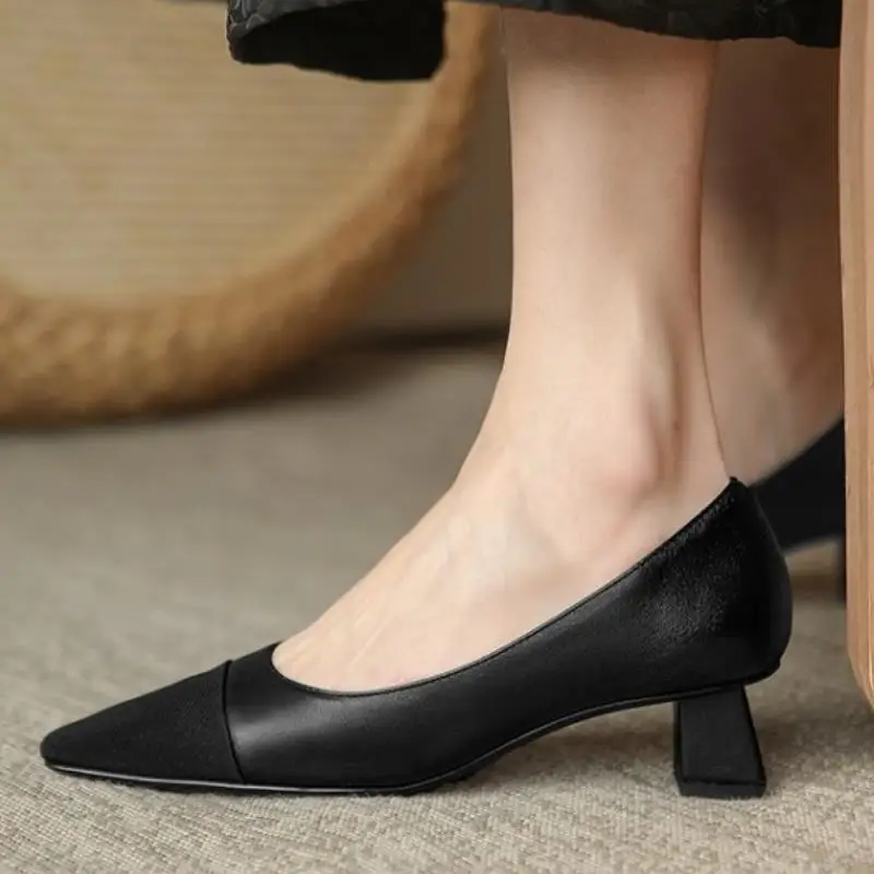 

Rizabina New Fashion Women Real Leather Pumps Thick Heel Square Toe Shallow Slip On Shoes Mixed Color Ladies Footwear Size 33-40