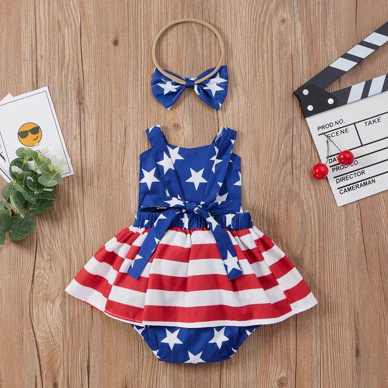 

Pudcoco 0-24M 2Pcs Baby Girls Infant Kids Toddler Summer Sleeveless Striped Star Print Independence Day Romper+Headwear Outfit