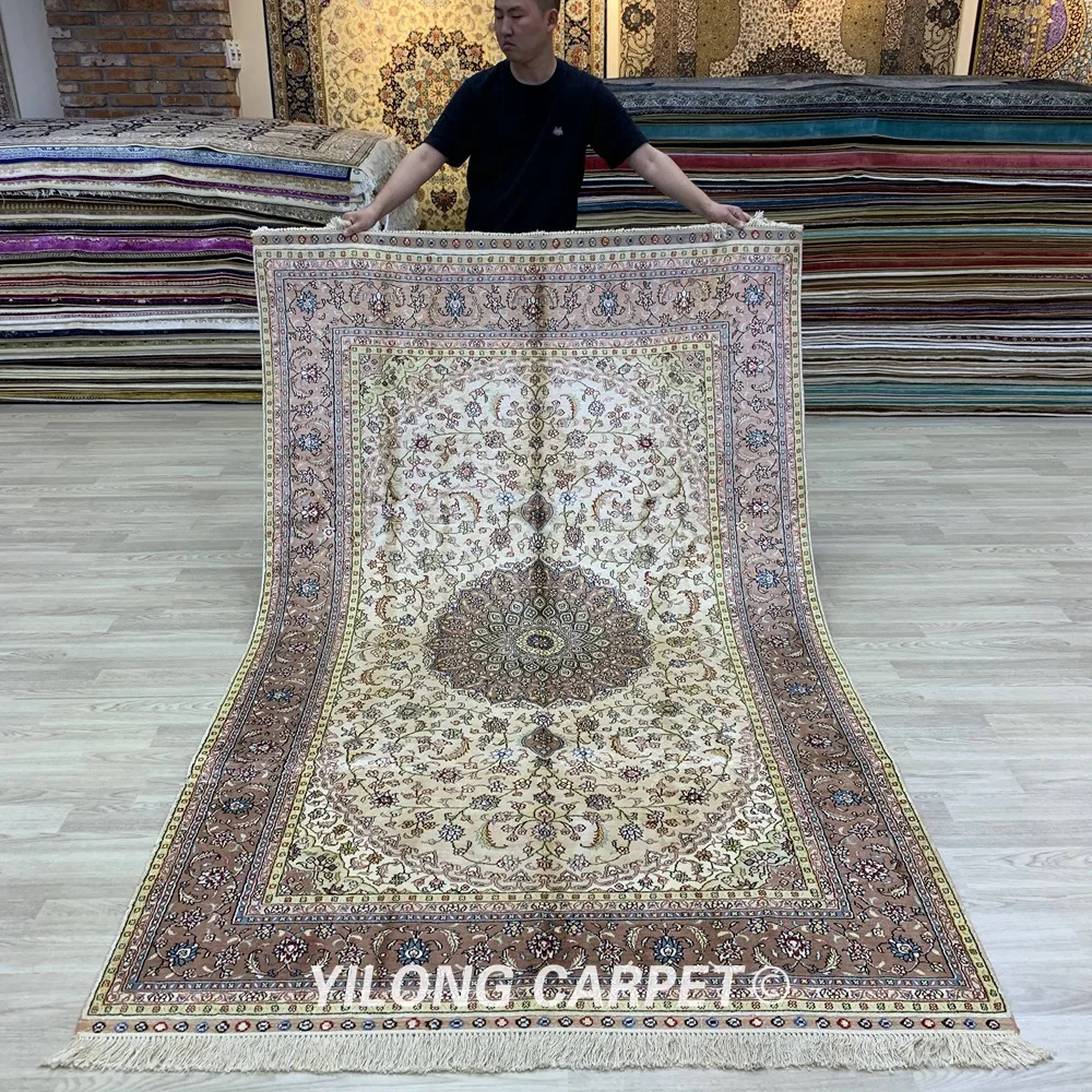 

YILONG 5 'x 8' Античный шелковый ковер ручной работы, бежевый персидский ковер ручной работы (SCJ21B)
