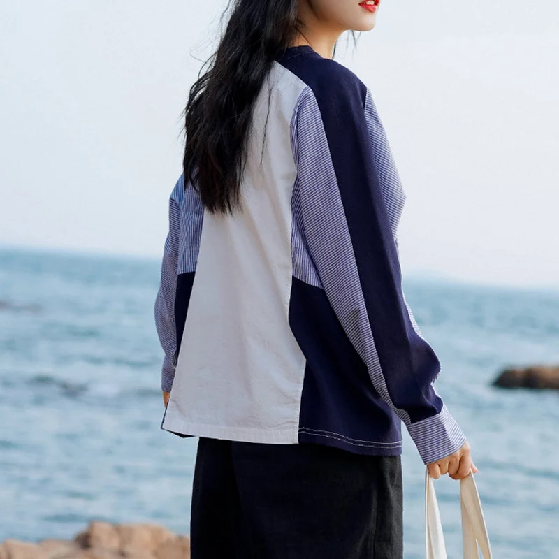 

2021 Spring New O-neck Patchwork Long Sleeve Blouses for Women Fashion Hit Color Design Pullover Casual Loose Female Tops