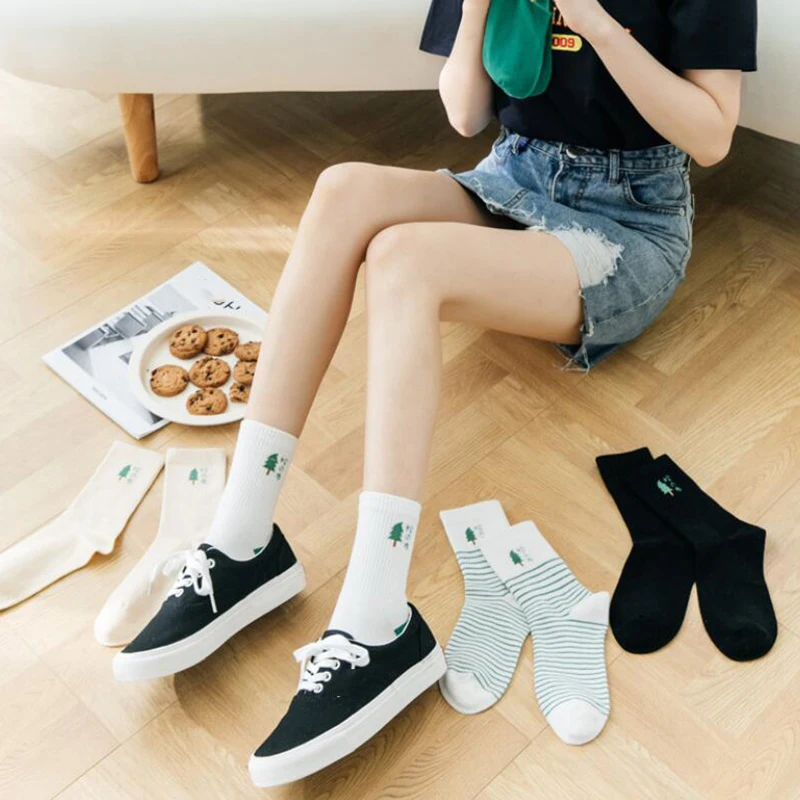 

New Arrivals Pine Printed Sock Lovely Harajuku Japanese Style Cotton Women Socks Striped Solid Breathable Casual Cartoon Socks