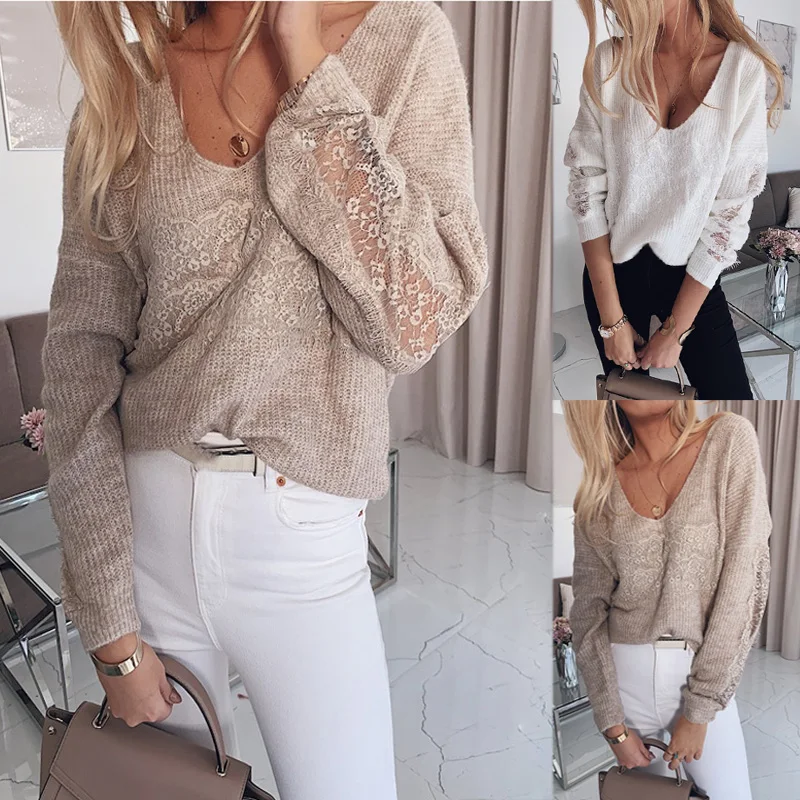 Long Sleeve Sweaters Autumn Fashion Lace Openwork Sweater Pullover Loose Thin Casual Sexy V Neck Knitted | Женская одежда