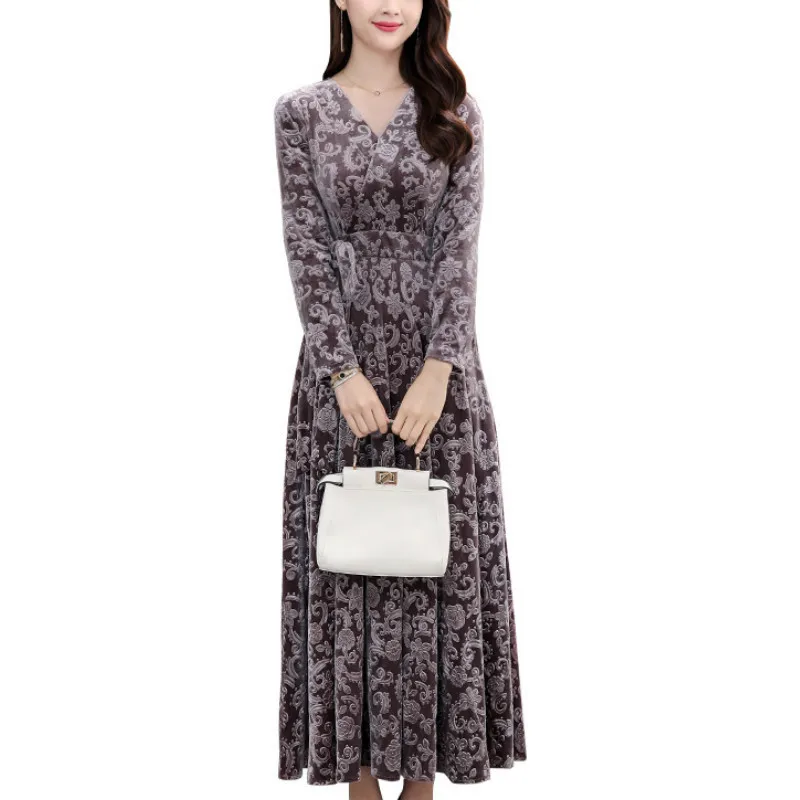 

Velvet Women 2020 Spring Casual OL Long Sleeve V-neck Party Dress Elegant Empire Bohe Slim Fit Vestidos Ankle Robe Femme