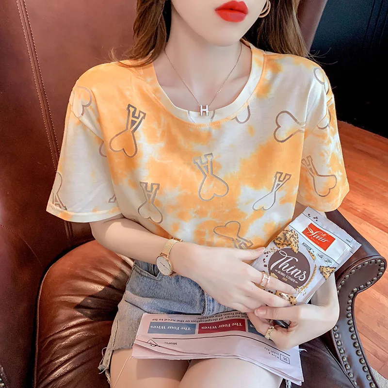 

2021 Summer New Korean Loose Tie-Dye Short Sleeve Top Hollow Love Design oversize T-shirt for women