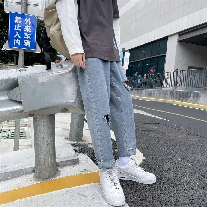 Summer Ripped Jeans Men's Fashion Casual Wide-leg Jeans Men Streetwear Korean Loose Hip-hop Hole Straight Denim Trousers Mens