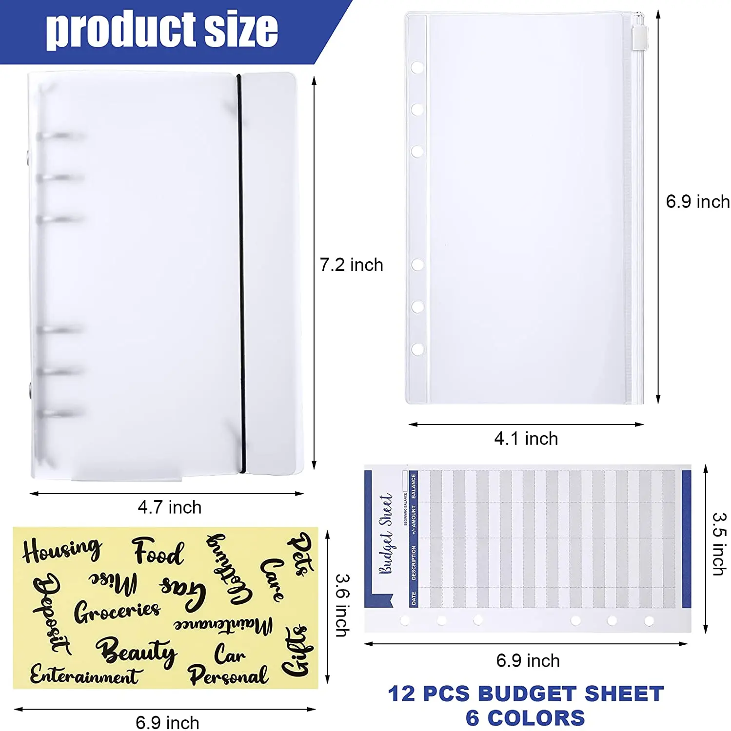 

A6 Budget Binder Plastic Clear Binder Cover with Snap, 8 Pieces Binder Envelopes, 12 Pieces Expense Budget Sheets, 2 Labels