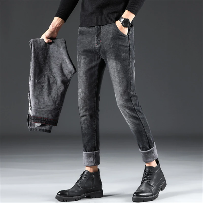 

Осенне-зимние плотные теплые брюки с флисовой подкладкой, мужские облегающие Стрейчевые джинсы, черные свободные прямые мужские повседнев...